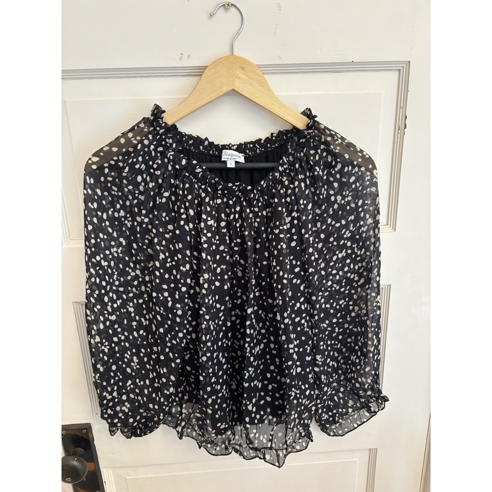 Le Raganne Women's Black Silk Blend Ruffled Polkadot Blouse 3/4 Sleeve Sz‎ Large